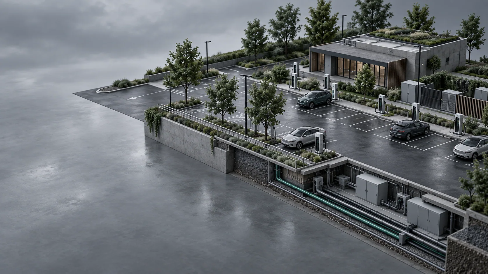 Concept model of a commercial charging site with chargers and electrical infrastructure
